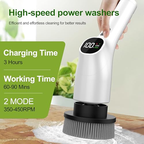 Electric Spin Scrubber, Shower Scrubber with Long Handle Adjustable LCD Display, 2 Speed Shower Cleaner, 7 Replaceable Brush Heads Bathroom Cleaning Brush, Bath Tub Power Scrubbers White G3 - color: White