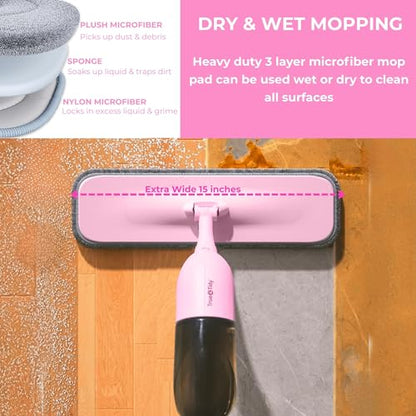 True & Tidy® Clean Everywhere Spray Mop Kit with 3 Interchangeable Heads & Refillable Tank - Flat, Round, Squeegee (Pink) - color: Pink