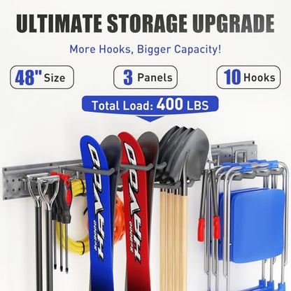 Garage Tool Organizer Wall Mount 49.5 inches with 10 Adjustable Heavy-Duty Hooks, Garage Organization, Garden Tool Storage Rack, Yard, and Shed, Holds Up to 400 lbs (Grey) - size: 49.5" | 3 Panels + 10 Hooks