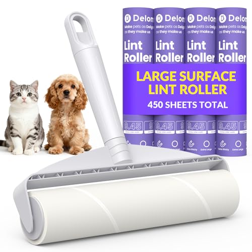 9.45” Large Surface Lint Roller: DELOMO Extra-Wide Sticky Roller for Pet Hair - Cleans Faster on Couches, Beds, Carpets, Clothing, Furniture & Car Seats - 450 Sheets Total - Ideal for Pet Homes - size: F: Large Surface Lint Roller (Wide: 9.45 in)