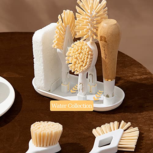 4-in-1 Kitchen Dish Brush Set,Bamboo Handle Crevice Brush with Storage Holder,Interchangeable Brush Heads,and Cleaning Tools for Bottles,Dishes,and Corners