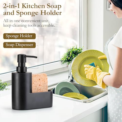 Shinowa Dish Soap Dispenser with Sponge Holder, Refillable Kitchen Dish Soap Dispenser Pump, 2-in-1 Countertop Soap Pump Dispenser for Kitchen Sink and Bathroom, Gravel Black - color: Gravel Black
