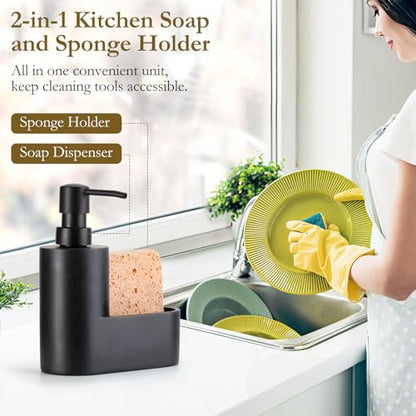 Shinowa Dish Soap Dispenser with Sponge Holder, Refillable Kitchen Dish Soap Dispenser Pump, 2-in-1 Countertop Soap Pump Dispenser for Kitchen Sink and Bathroom, Gravel Black - color: Gravel Black