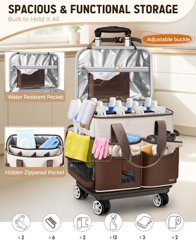 Ytonet Large Cleaning Caddy with 4 Spinner Wheels, Wearable Rolling Cleaning Caddy Bag with Cleaning Apron, Detachable Trolley Portable Cleaning Supplies Organizer Cart for Housekeepers, Car, Tool - color: Beige Brown
