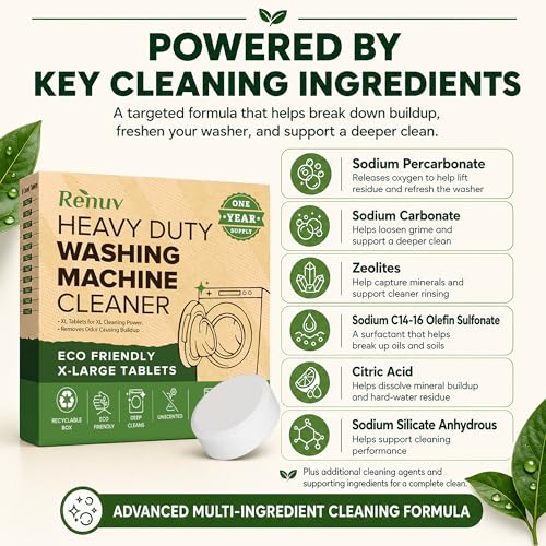 Renuv® Heavy Duty Washing Machine Cleaner & Descaler, 12 XL Tablets | Deep Cleaning Tablets Remove Residue, Grime Buildup, Front Load or Top Load Washer, HE and Septic Safe, 1 Year Supply - style: 12 XL Tablets (1 Year)