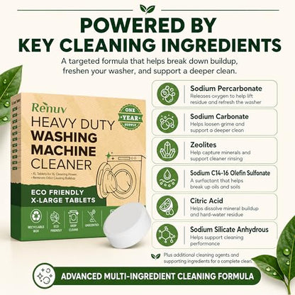 Renuv® Heavy Duty Washing Machine Cleaner & Descaler, 12 XL Tablets | Deep Cleaning Tablets Remove Residue, Grime Buildup, Front Load or Top Load Washer, HE and Septic Safe, 1 Year Supply - style: 12 XL Tablets (1 Year)