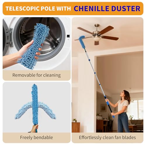 Duster with Extension Pole (20 FT Reach), Light Bulb Changer for High Ceilings & 3-12FT Extension Pole Duster Cleaning Kit, Fan Duster/Cobweb Duster/Window Washing Kit for High Window, Interior Roof