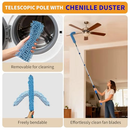 Duster with Extension Pole (20 FT Reach), Light Bulb Changer for High Ceilings & 3-12FT Extension Pole Duster Cleaning Kit, Fan Duster/Cobweb Duster/Window Washing Kit for High Window, Interior Roof