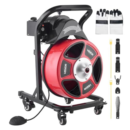 VEVOR Drain Cleaner Machine 50 FT x 1/2 Inch, Manual Feed Sewer Snake Auger on Wheels - with 4 Cutters & Air-activated Foot Switch for 2" to 6" Pipes - style: 50 FT x 1/2'' Manual Feed