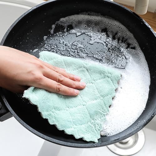 8 Pack Double-Layer Microfiber Cleaning Cloths - Coral Fleece Absorbent Dishcloths & Scouring Rags, Reusable & Washable Kitchen Towels, Pink & Green