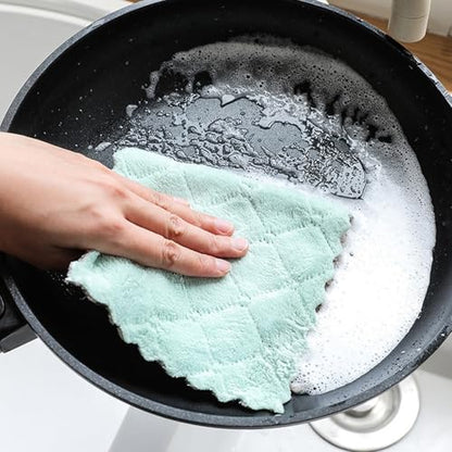 8 Pack Double-Layer Microfiber Cleaning Cloths - Coral Fleece Absorbent Dishcloths & Scouring Rags, Reusable & Washable Kitchen Towels, Pink & Green