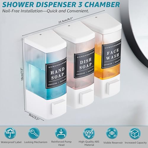 Shampoo and Conditioner Dispenser for Shower,3 Chamber,White | Wall Mounted, No Drill, 3×16.9oz,ABS Plastic Material,Refillable With Labels, For Bathroom Hotel - color: White