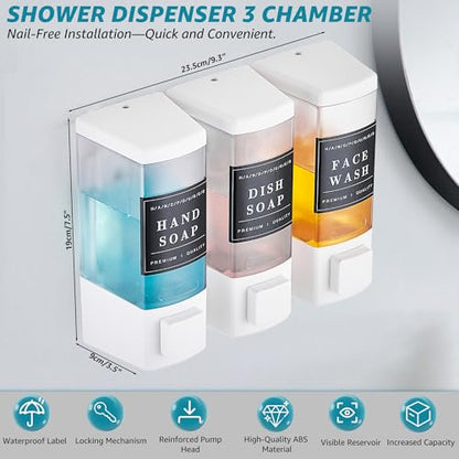 Shampoo and Conditioner Dispenser for Shower,3 Chamber,White | Wall Mounted, No Drill, 3×16.9oz,ABS Plastic Material,Refillable With Labels, For Bathroom Hotel - color: White