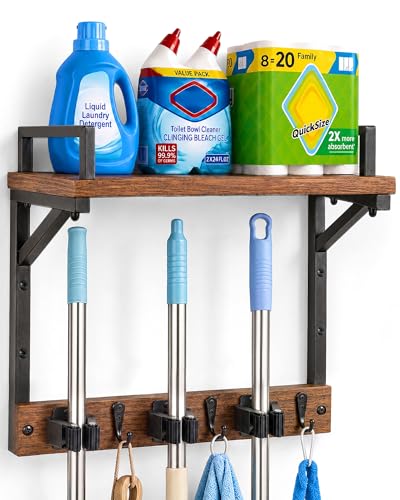 Lorbro Broom Holder Wall Mount with Cleaning Supplies Storage, Heavy Duty Broom and Mop Organizer Wall Hanging, Wooden Mop Organizer Hanger, 3 in 1 Storage Shelves for Laundry Room, Garage, Closet - size: Medium