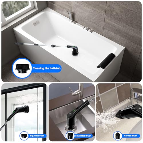Electric Spin Scrubber,Bathroom Cleaning Brush with Long Handle 8 Replaceable Brush Heads, 2 Adjustable Speeds, Cordless Power Cleaning Brushes for Bathtub Grout Tile Floor