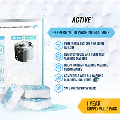 ACTIVE Washing Machine And Dishwasher Cleaning Tablets Bundle - Includes 12 Month Supply Dishwasher Cleaner Deodorizer & Washing Machine Descaler Deep Cleaning Tablets - 48 Tablet Set - style: 24 Washing Machine + 24 Dishwasher Tablets
