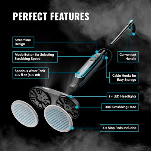 Pursteam ScrubMaster Steam Mop with Dual Scrubbing Head, LED Headlights, Adjustable Steam Control, Anti-Slip Swivel Head, Cable Holder & Upright Lock - size: Steam Mop - ScrubMaster