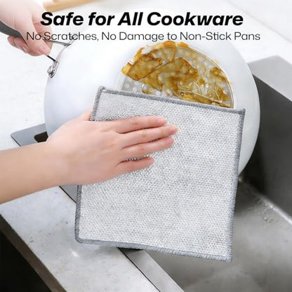 12Pcs 3-Layer Silver Wire Dish Cloths, Non-Scratch Reusable Kitchen Cleaning Rags, Wet Dry Use for Cookware Sink Stove, 8×8 Inch