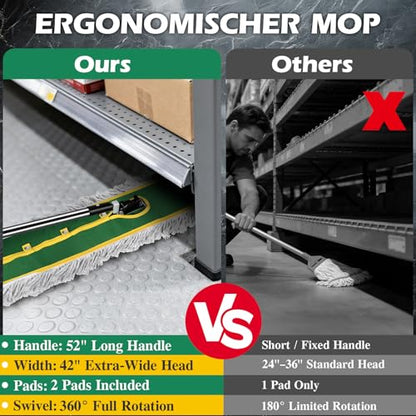 42" Commercial Dust Mop for Floor Cleaning, MASTERTOP Large Flat Mop with Long Handle, Sweeping Broom with 2 Different Mops Pads, Industrial Mop for Hardwood, Tile, Gym, Office, Mall, Warehouse - color: Green(42"*12")