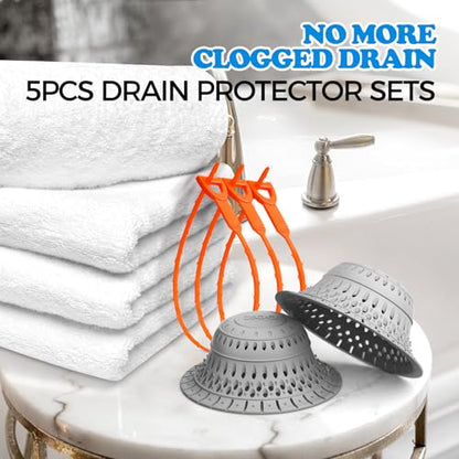 zaa 5 Pcs Bathtub & Shower Drain Hair Catcher, 2 Pack Silicone Collapsible Drain Protector and Drain Cover with 3 Snake Drain Clog Removers, for Pop-Up and Regular Drains of Tub, Shower, Bathroom - color: Gray Red