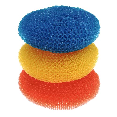 LOLA Plastic Mesh Scouring Pads - 3 Pack, 3.375" x 1.25", Non-Scratch Dish Scrubbers to Clean Dishes, Assorted Colors - Red, Blue & Yellow - size: 3 Pack, style: Standard in Netted Bag