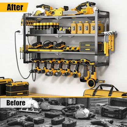 MOOMSINE Large Power Tool Organizer Wall Mount with Charging Station for Garage, 400lbs Metal Storage Rack with 8 Cordless Drill Holder, 4 Tier Heavy Duty Battery Tool Shelf with 5 Outlet Power Strip - size: 32 Inch（4 Tier Power Station）