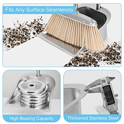 VOOWO Broom and Dustpan Set for Home, Stainless Steel Broom and Dustpan Set with Long Handle, Heavy Duty Dustpan Broom Set Standing Dust Pan Kitchen and Home Indoor Outdoor Broom - color: Silver Broom and Dustpan Set