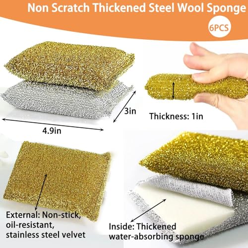 Dish Sponges Kitchen Scrubber - 6 Pack Non Scratch Steel Wool Scrubber Esponjas para Lavar Platos Multipurpose Thickened Sponges for Cleaning Dishes, Pans, Pots