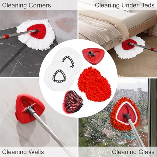 Mop Heads Replacement Compatible with O-Cedar EasyWring 1-Tank System, Includes 2 Microfiber + 2 Chenille Refills + 1 Scrub Brush + 1 Spin Mop Base for Hard Floor Cleaning - color: 2red+2white