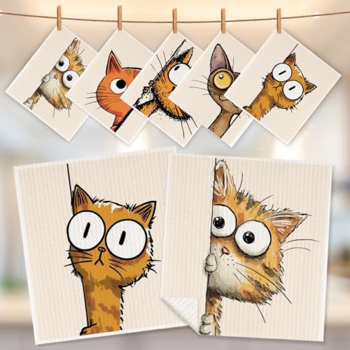 5 Pcs Cartoon Cute Peeking Kitten Swedish Dishcloths, Kitty Swedish Dishcloth, Funny Cat Dish Cloths for Drying Dishes, Reusable Cleaning Cloths, Cat Lover Gifts for Women 6 - color: Lm 03437