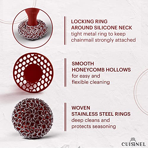 Cuisinel Cast Iron Chainmail Scrubber + Pan Scraper - The Patented Original Ergonomic Stainless & Silicone Pot & Skillet Cleaner - Premium Food-Safe Design - Easy Clean Dishwasher Safe Cookware Sponge - color: Red, size: Standard