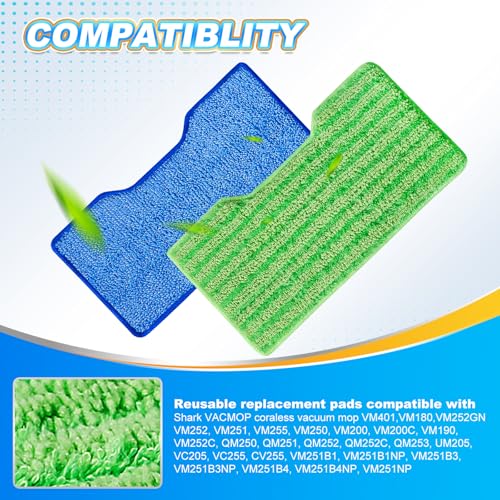 KEEPOW Reusable Microfiber Mop Pads Refills Compatible with Shark VACMOP VM252 VM200 VM401 VM180 VM252GN VC205 VM250 VM190 VM200P12, Upgraded Dirt Chamber for Hard Floor, Blue & Green, 1+1+1+1 Pack - color: 1+1+1+1 Pack(green&blue)