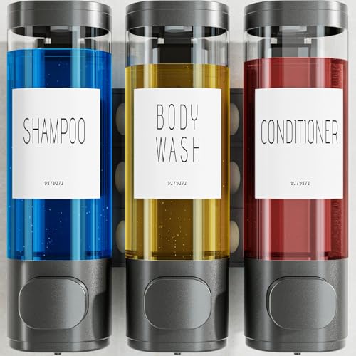 VITVITI Shampoo and Conditioner Dispenser for Shower Wall, Shower Soap Dispenser 3 Chamber No Drill Wall Mounted, 10.2 OZ Plastic Refillable Shower/Body Wash Bottles for Bathroom (Gun Gray) - color: Gray