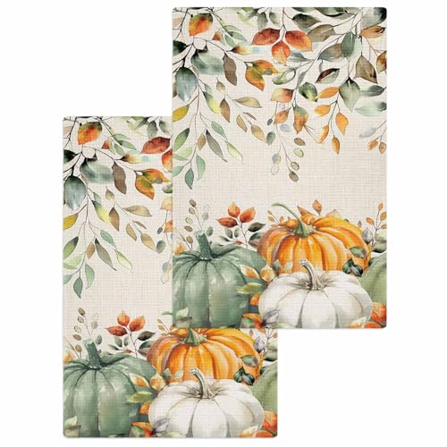 Orang Sage Green White Pumpkin Hand Towels Set,Waffle Weave Kitchen Towels 2 Pieces,Fall Eucalyptus Leaves Microfiber Hair Face Bath Tea Towel Absorbent Quick Drying Cleaning Dish Cloths,15.7"x23.6" - color: Sage Green Pumpkin Orange Oatmeal, size: 2PCS,1