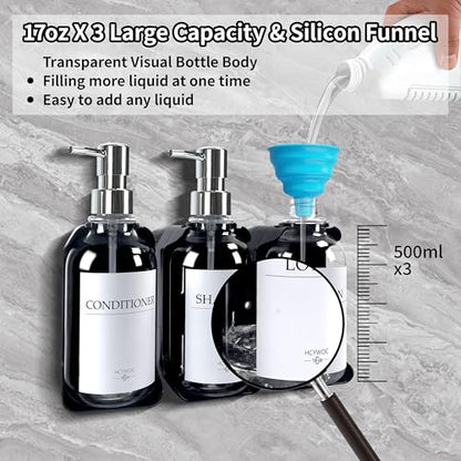 Shampoo and Conditioner Dispenser, Shower Soap Dispenser with 16 Waterproof Labels, Shampoo Dispenser for Shower Wall, Shower Dispenser 3 Chamber No Drill, 17oz, Clear - color: Clear Bottle + Silver Pump