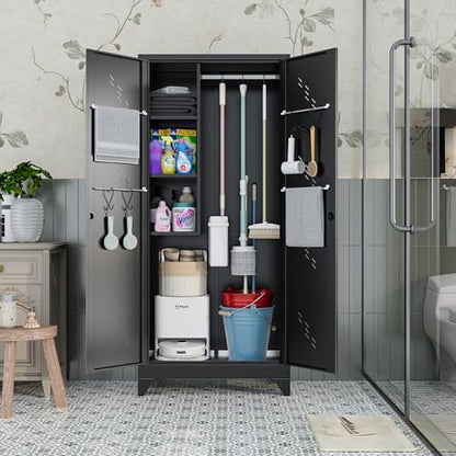 Metal Storage Cabinet, 75" Cleaning Tool Cabinet with Locking Door, Tall Storage Sheds Tool Organizer, Large Broom Cabinet for Bathroom, Laundry Room, Kitchen, Pantry, and Humid Environments - size: 75" Cabinet