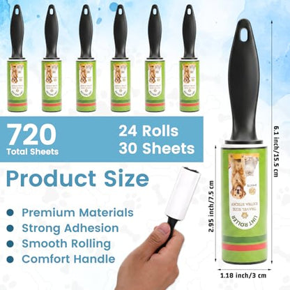 24 Rolls Compact Lint Rollers for Pet Hair Extra Sticky, Dog & Cat Hair Remover Lint Brushes for Clothes, Portable Travel Size Clothes Roller Brush for Home, Clothes, Bags, Furniture, Car Seat - size: 24 Pcs