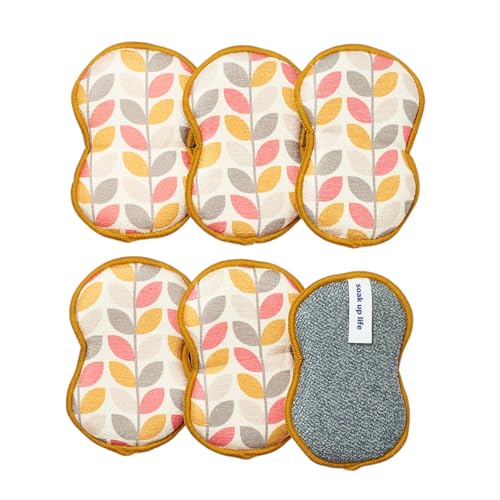 Sponge Set in Leaf Gold, 6 Pack Super Absorbent Washable Reusable Cleaning Sponges Made from Recycled Materials, Durable Eco Friendly Kitchen Sponges - color: Leaf Gold