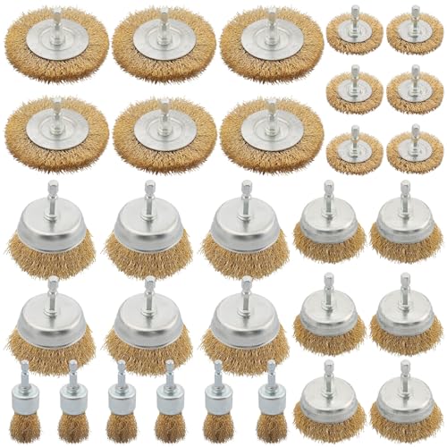 30 Pack Wire Brush Wheel for Drill, Brass Wire Brush for Drill, 1/4 Inch Hex Shank, Wire Brush Drill Bit, Wire Cup Brush for Rust Removal, Wire Brush Drill Attachments - style: Set of 30Pcs