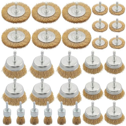 30 Pack Wire Brush Wheel for Drill, Brass Wire Brush for Drill, 1/4 Inch Hex Shank, Wire Brush Drill Bit, Wire Cup Brush for Rust Removal, Wire Brush Drill Attachments - style: Set of 30Pcs
