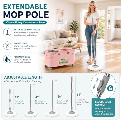 Mop and Bucket Set with Clean & Dirty Water Separation, Spin Mop with 360° Wheels & Drain, 6 Microfiber Heads,Adjustable Handle for Pet Owners, Kitchen, Bathroom, Hardwood & Tile Floors - Pink - color: Pink