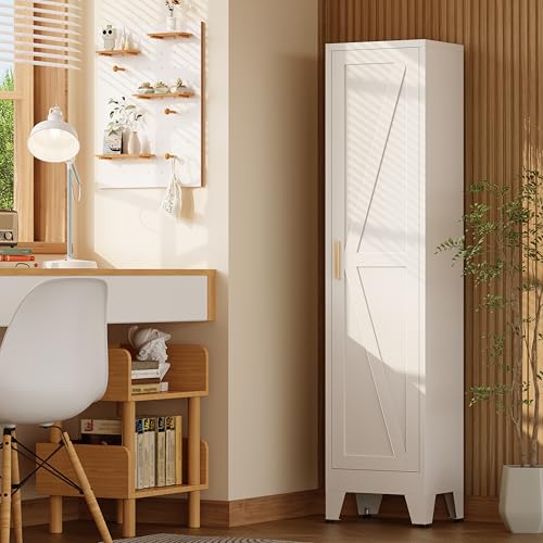 67" H Broom Closet Storage Cabinet,Metal Cleaning Cabinet,Narrow Storage Cabinets with 4 Adjustable Shelves,Slim Tall Floor Cabinet - color: White, size: 67"H-1Door