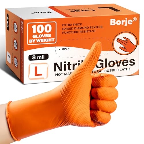 Borje Orange 8 Mil Nitrile Disposable Gloves, Heavy-Duty Mechanic Gloves, 100 Count, Large, Latex & Powder Free with Raised Diamond Texture, Industrial, Automotive, Gardening - size: Large, style: Orange of 100
