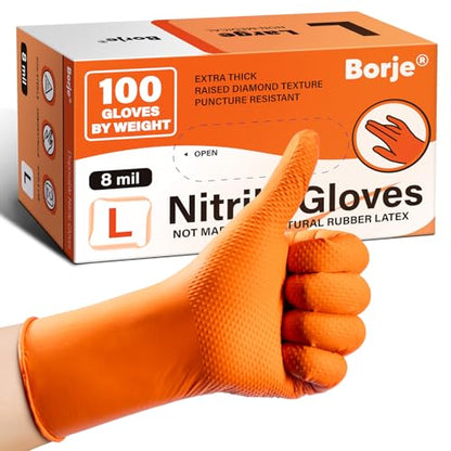 Borje Orange 8 Mil Nitrile Disposable Gloves, Heavy-Duty Mechanic Gloves, 100 Count, Large, Latex & Powder Free with Raised Diamond Texture, Industrial, Automotive, Gardening - size: Large, style: Orange of 100