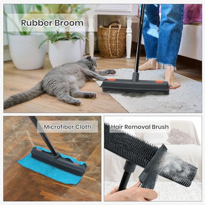 MAVRIZ Pet Hair Removal Broom on Carpet, Rubber Broom for Hardwood Floor - Fur Remover Broom with Squeegee