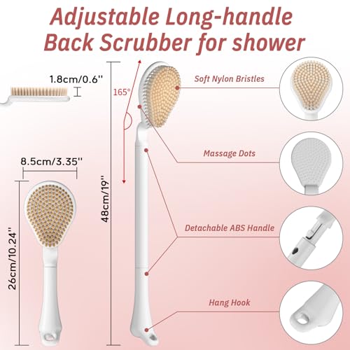 Back Scrubber for Shower & Silicone Bath Glove Set, 19’’ Detachable Long Handle Body Scrubber Wet or Dry Brush, Adjustable 2-in-1 Back & Body Brush with Soft Bristles for Deep Cleaning(Pink) - color: Back Scrubber-pink