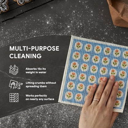 RECYCO Swedish Dishcloths for Kitchen | 6 Packs Bloom Tiles Washable Dish Rags | Cellulose Reusable Cleaning Paper Towels | Absorbent Counter Dish Cloth Sponge Kitchen Wipes, 8" L x 7" W - color: Bloom Tiles - 6 Pack