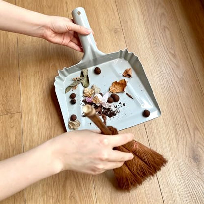 Metal Dust Pan and Brush Set, Natural Bristle Wooden Hand Broom, Handheld Dustpan for Fireplace, Garage, Workshop, 9" Wide - style: Metal Dustpan