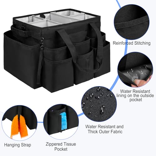 Large Rolling Cleaning Caddy Bag with Detachable Trolley,Cleaning Cart on Wheels with Shoulder Strap,Cleaning Supplies Organizer for Housekeepers,Black - color: Black