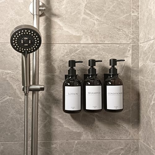 Shampoo Dispenser for Shower Wall, Shampoo and Conditioner Dispenser with 16 Waterproof Labels, No Drill Shower Soap Dispenser Bathroom, Shower Soap Dispenser Wall Mounted,17oz, 3 Pack, Amber - color: 1-amber Bottle + Black Pump